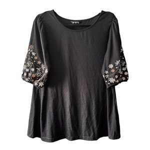 Bloomchic Black Embroidered Boho Ruched Sleeve Top